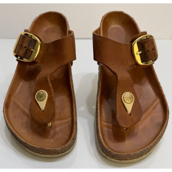 Birkenstock Cognac Oiled Leather Gizeh Gold Big Buckle Sandals Size Size M 6 W 8 - Picture 1 of 6